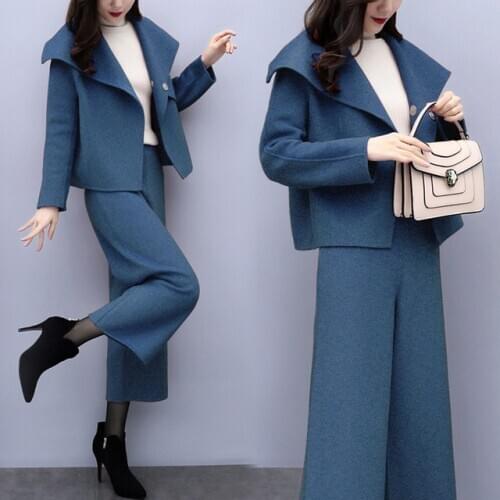 Wool Autumn Winter High Waist Wide Leg Pants Suit Women 2 Two Piece Set Office Lady Elegant Blazer Jacket Trousers Outfit Female