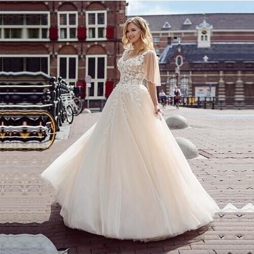 Short Sleeve Lace Wedding Dresses Allpiqued Bridal Gowns 2020 Boho Bride Dress White vestido de noiva Plus Size Floor Length