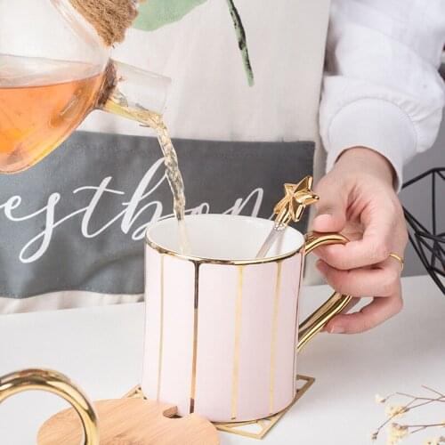 Simple mug lovers ceramic cup European coffee cup gold handle line Office household water cup with lid spoon K34