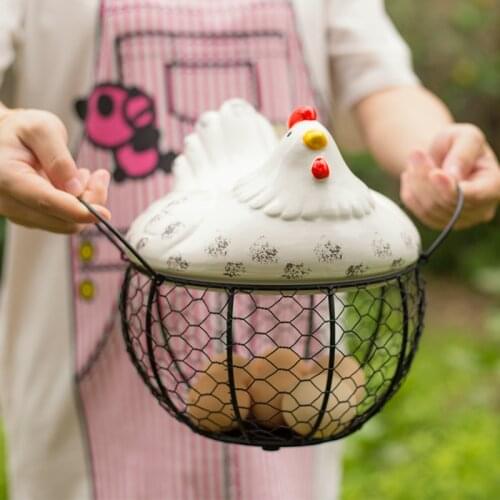 Metal Mesh Wire Egg Storage Basket with White Ceramic Chicken Hen Top Fruit Bowl Sundries Vegetable Organizer Case Egg Container