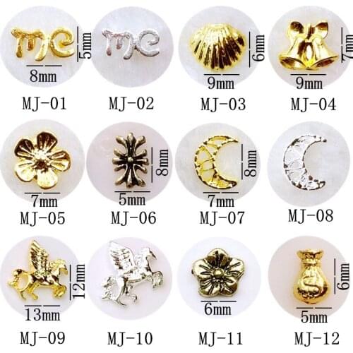 50pcs/pack metal nail art letter"me" shell bell flower moon fly horse purse 3d jewelry gel nails sticker decoration art tools