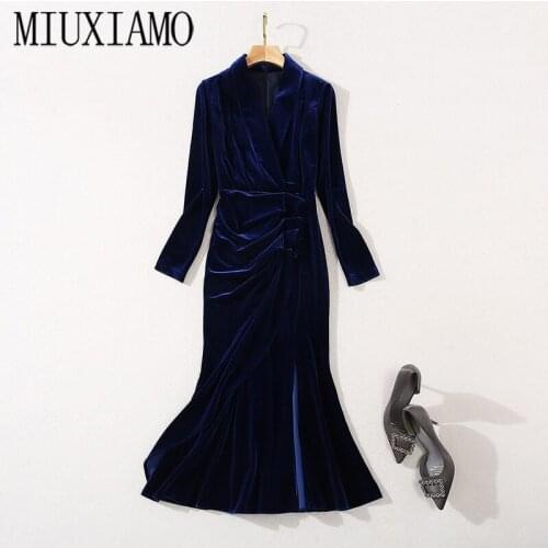 MIUXIMAO Luxurious 2020 Fall Dress Women Velvet Dress Solid Slim Office Lady Casual Fishtail skirt Dress Women Vestidos