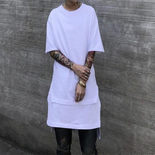 Men European and American high street fashion white youth loose hem T-shirt fashion cotton short sleeves