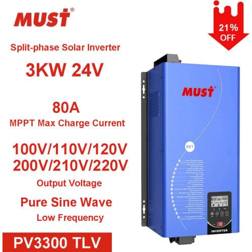 Low Frequency 3KW 24V/48V Pure Sine Wave Split Phase Output 110V/220V Solar Inverter Built In 80A MPPT Solar Charge Controller