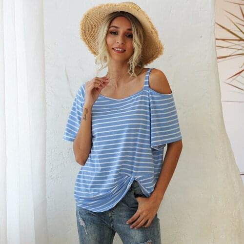 2021 Summer New Short-sleeved T-shirt Diagonal Wide Striped Short-sleeved T-shirt Diagonal Collar Wide Striped Knotted T-shirt