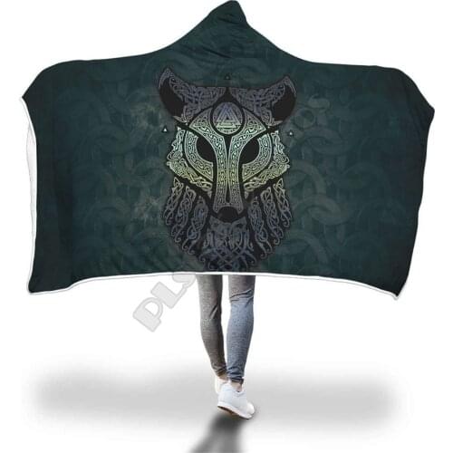 Viking Wolf Hooded Blanket Adult colorful child Sherpa Fleece Wearable Blanket Microfiber Bedding Style-14