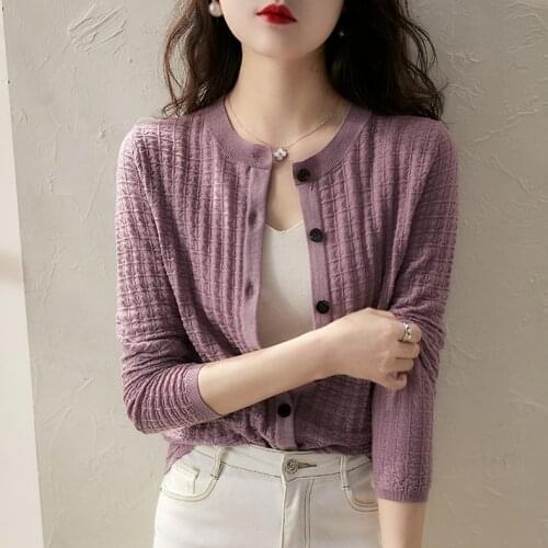 Pure color sunscreen knitted cardigan coat womens hollow out thin pink ice silk sweater top womens summer
