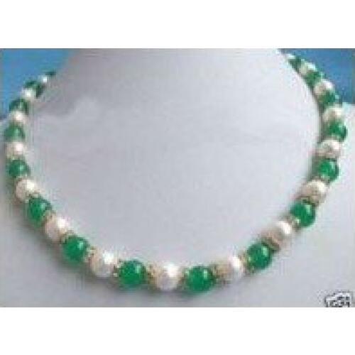White pearl & green jades necklace Free shipping