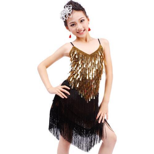 Girls Sequins Latin Dance Dress Tassel Practice Dancewear Ballroom Rumba Samba Outfits Childrens Party Stage Wear Costumes