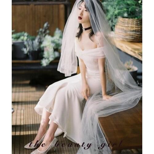 Ankle Length Sheath Wedding Dress 2021 French Soft Satin Sexy Off Shoulder Short Sleeve Bridal Gowns vestidos de mairee Wedding