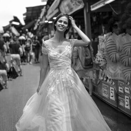 Off the Shoulder Crisscross Ruched Tulle Flowers Applique A-Line Elegant Wedding Dress Sweep Train Bridal Dress