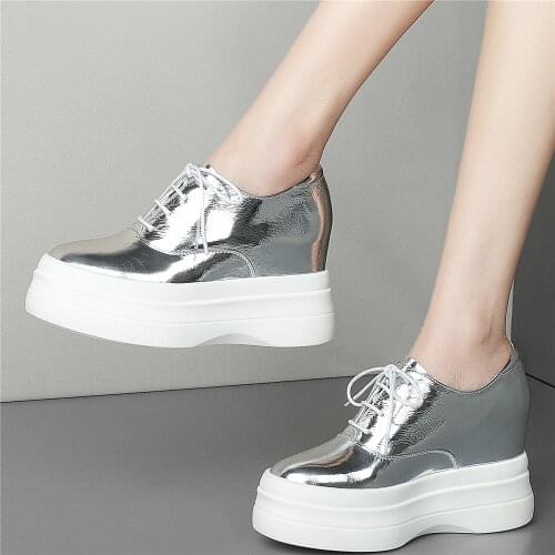 Casual Shoes Women Lace Up Genuine Leather Wedges High Heel Ankle Boots Female Round Toe Platform Fashion Sneakers Oxfords Shoes
