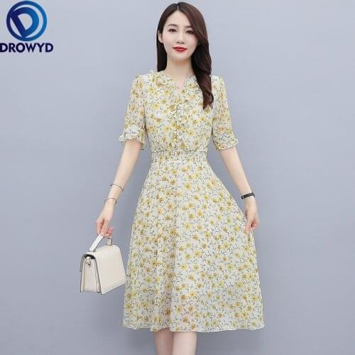 Plus Size Summer Floral Chiffon Midi Dress 2021 Vintage Korean Women Party Maxi Vestidos Casual Sexy V-Neck Boho Beach Sundress