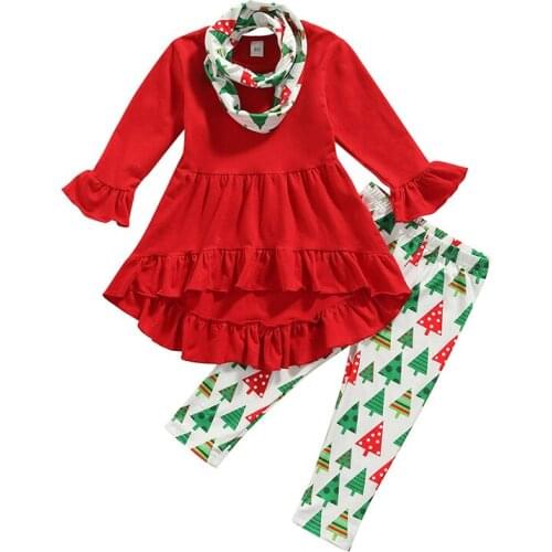 Christmas 3Pieces Kids Clothes Suit Set Solid Color O-Neck Long Sleeve Tops Floral Long Pants Scarf for Toddler Girls 1-6 Years