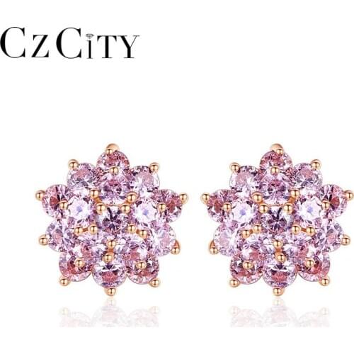 CZCITY Real 925 Sterling Silver Flower Cluster Stud Flower Earrings for Women Fine Jewelry Pink CZ Brincos Bijoux Christmas Gift