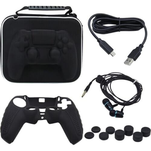 Handle Storage Bag+Silicone Protective Cover Skin+Charging Headphone Cable+Thumb Grip Button Cap for PS5 Controller 12in1 Set