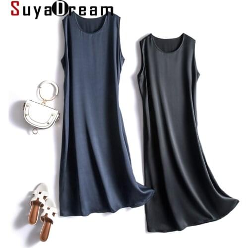 SuyaDream Woman Solid Simple Long Dress Real Silk Satin 2021 Summer Sleeveless O neck Chic Dresses Wine Navy