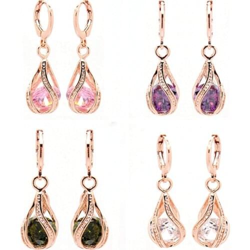 Water Drop Dangle Earrings Classic Crystal Womens Rose Gold Color Statement Earrings Party Jewelry