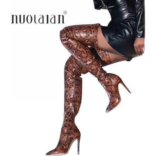Womens Leopard Leather Over The Knee Boots Dress Motorcycle Boot Woman Thigh high Boots Winter Shoe Snow Boot High Heel Shoes