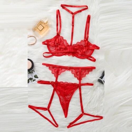 Women Floral Lace Lingerie Set Exquisite Mesh Lingerie Bra+Garter+Briefs Suit Babydoll Cut-Out Underwear бюстгальтер женский