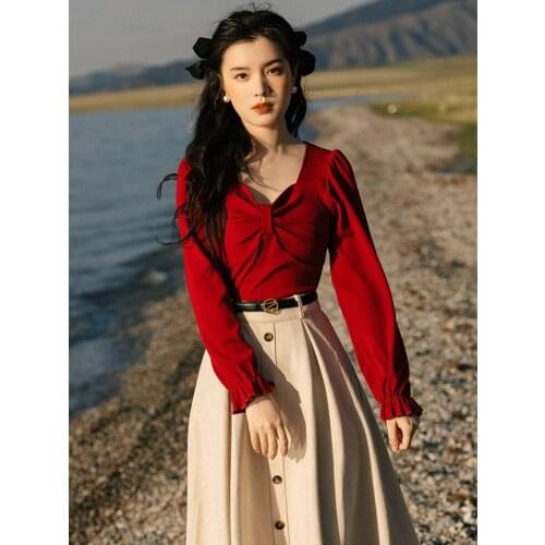 Retro Fashion Two Piece Set Women Fall Bowknot Pleated Design Chic Red Knit Sweater Tops+Deerskin Velvet Skirt Women Autumn Suit