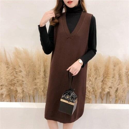 Knitted Vest Maxi Lace Dress Autumn Mid Length Slim V-neck Versatile No Sleeve Long Womens Winter Sweater Vestidos Harajuku Hot