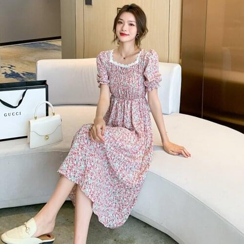 2021 Spring summer temperament Robes Femme square neck chiffon vestidos de festa floral dress long skirt