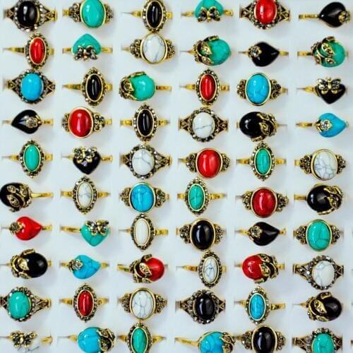 100Pcs Mixed Vintage Turquoises Rhinestone Ancient Gold Women Rings female anel Jewelry Top quality Free Shipping LR4054
