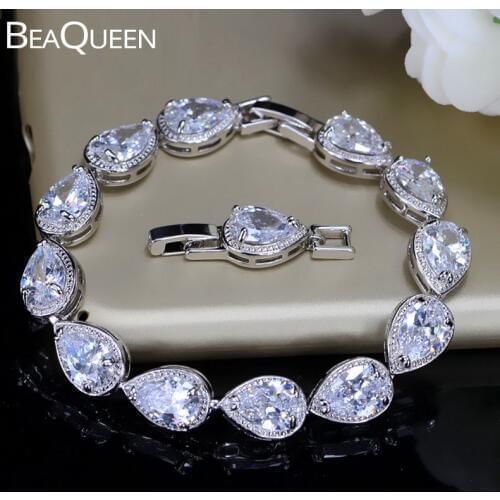 BeaQueen Exquisite African CZ Women Wedding Jewelry Big Water Drop Crystal Cubic Zircon Bridal Bracelet for Bridesmaid B008