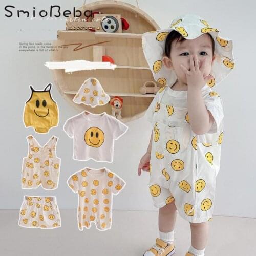 Newborn Baby Boys Girls Gift Box 6 Pieces Suits Smile Face Bodysuit Summer Top Shirts+PP Shorts Sleeveless Rompers Wiht Sun Hats
