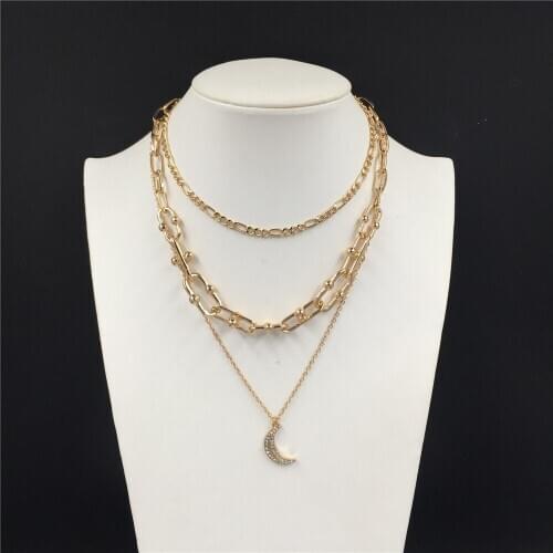 Bohemia Gold Color Plating Special Chain Linked Moon Pendant Layered Necklace For Women Girl Elegant Pretty Jewelry Accessory