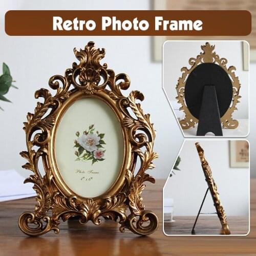 European Creative Antique Golden Resin Photo Frame Floral Carved Photo Holder Stand Rack Home Office Room Table Ornaments Craft