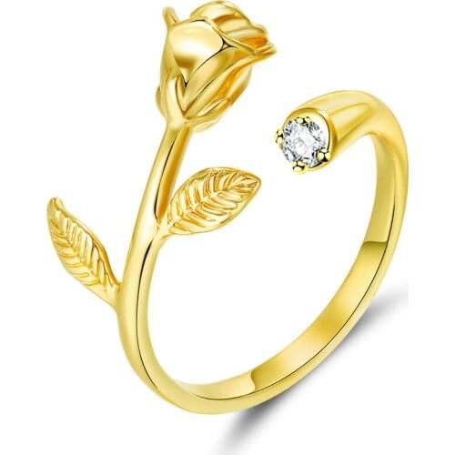 MOONROCY Gold Color CZ Crystal Rings Rose Flower Cubic Zirconia Ring Wedding Ring Jewelry for Women Dropshipping Wholesale