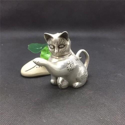 Collection Chinese Tibetan Silver Carving Lovely Cat Animal Statue Auspicious Gift Home Fengshui Decoration
