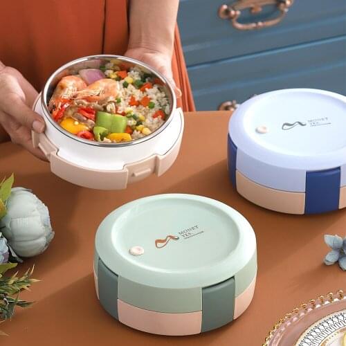 Stainless Steel Round Single-layer Lunch Box Water Injection Heated Lunch Box with Tableware Student Office Worker Lunch Box