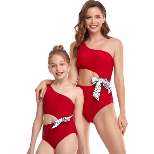Parent-child Swimwear Mom and Daughter Waist Hollow Bow One-piece Swimsuit Summer Boho One Shoulder Monokini Family Bathing Suit