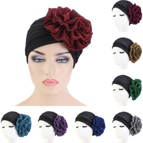 Muslim Headwear Flower Hat Women Turban Wrap Chemotherapy Cap Beanie Hijab Bonnet Women Big Flower Baotou Cap Bright Silk Cap