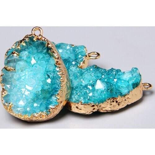Natural Healing Crystal Blue Quartz Druzy Slice Pendant Charm Necklace Earring Accessories For Diy Women Handmade Jewelry Making