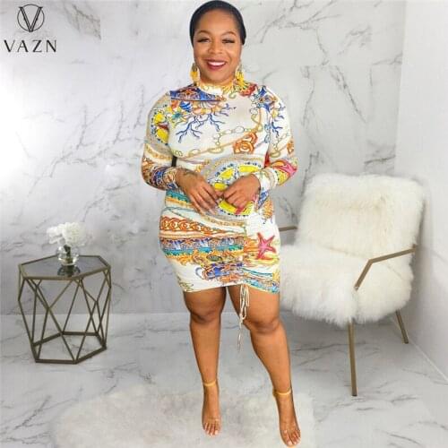 VAZN 2021 Autumn Drawstring Dress Sexy Retro Turtleneck Full Sleeve Midi Dress High Waist Young Vestidos For Female