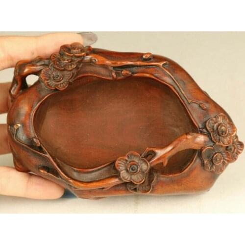Rare chinese old boxwood hand carved flower statue writing-brush washer pot gift