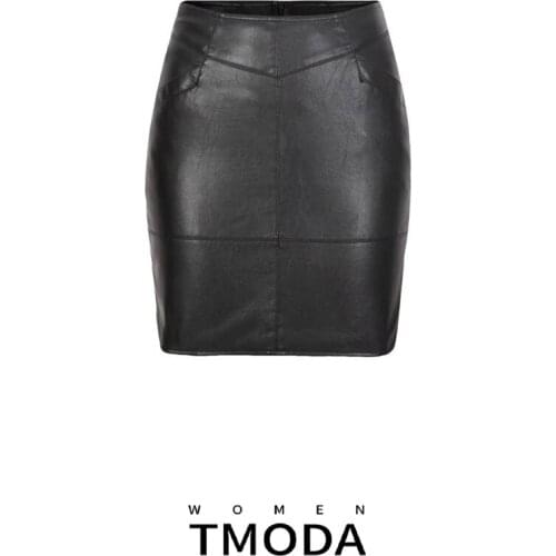 TMODA278 2020 Womens Sexy Short Skirt Fashion Womens Clothing 2018 Black High Waist Zip Faux Leather Skirt
