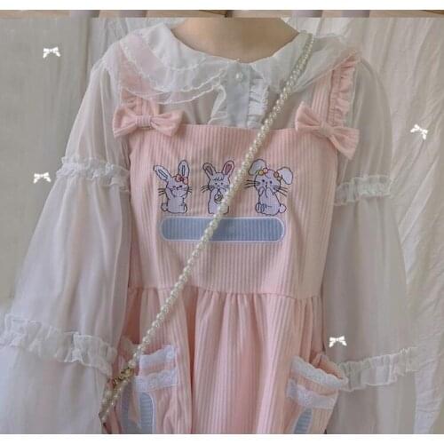 Japanese Vintage Teens Girl Corduroy Dress Mori Girl Lolita Kawaii Bunny Pink Overalls Harajuku Cute Rabbit Bow-knot Strap Dress