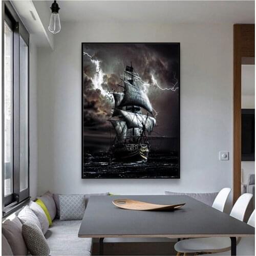 Pirate Ship Painting Black Sailboat on Canvas At Sea Vintage Poster Office Living Room Bedroom Decoration Ship Mural Frameless