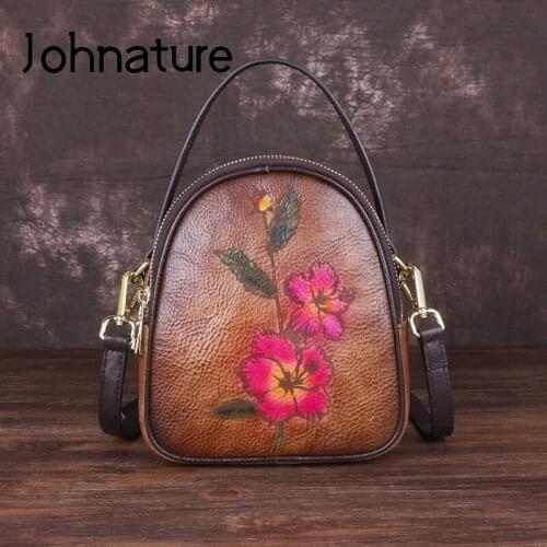 Johnature Vintage Hand Painted Bag Shoulder & Crossbody Bags 2021 New Leisure Genuine Leather Barrel-shaped Women Handbags