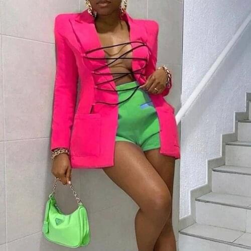 STYLISH LADY Lace Up Blazer 2021 Autumn Women Long Sleeve Notched Pocket Rose Black Casual Elegant Office Lady Blazer Jacket