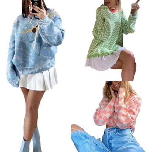Y2K Women Knitted Sweater 90s Fashion Printed Long Sleeve Round Neck Pullovers Autumn Winted Casual Tops Pullovers Sweater