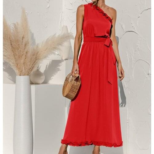 Sexy Slanted Shoulders Party Maxi Dresses Women Sashes Ruffles Summer Sundress Solid Color Females 2021 Long Dress Dropshipping