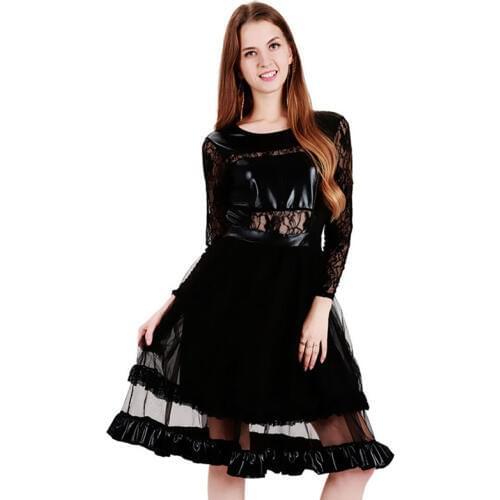 Elegant Hollow Out Club Party Leather Lace Dresses Ladies Spring Long Sleeve Sheer Voile Ruffles Vestidos Sexy Night Clubwear