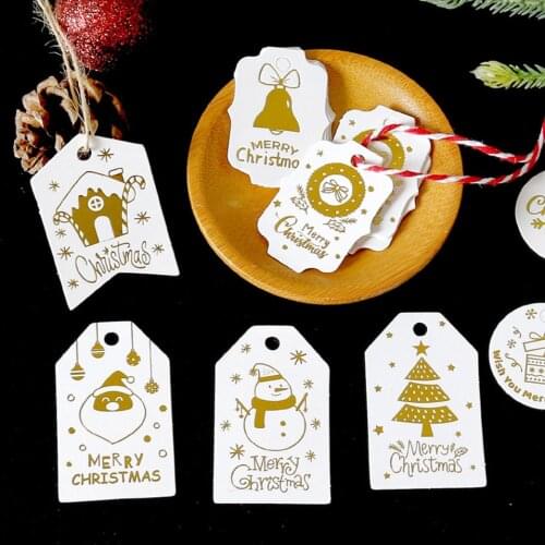 50pcs 2021 Gold Print Christmas Kraft Hanging Paper Tags With Jute Rope Santa Claus Crafts Labels for Xmas Gift Wrapping Supply