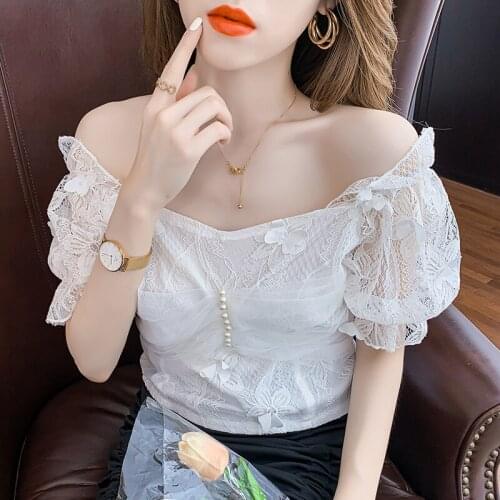 Blouse Shirts Three-dimensional bow 2021 Summer New Short-sleeved Short Lace top Women Clothing Mesh Blusas Elegantes 65E